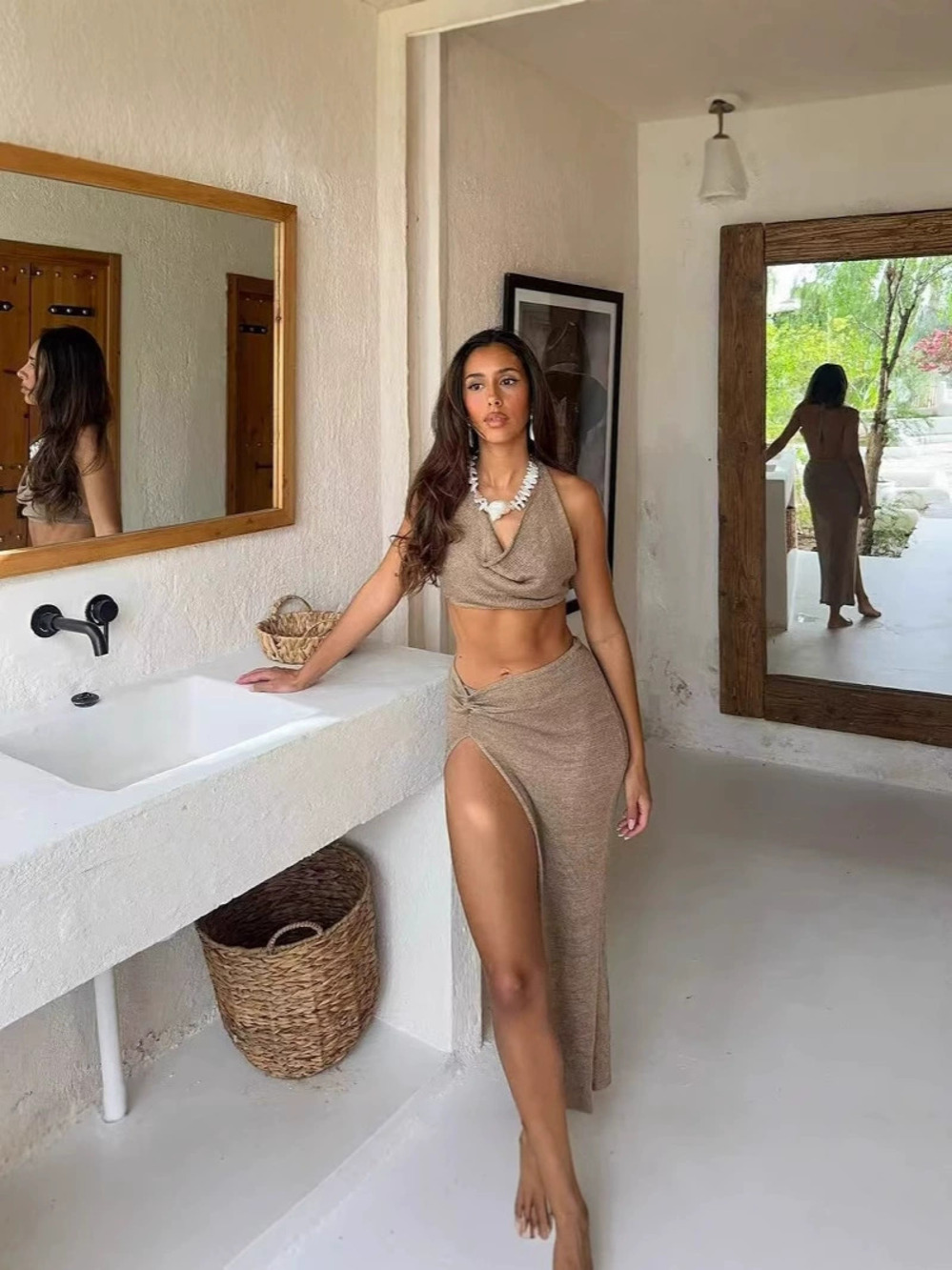 Zara Halter Tube Top and Split Beach Skirt Set with Knit Cover Up